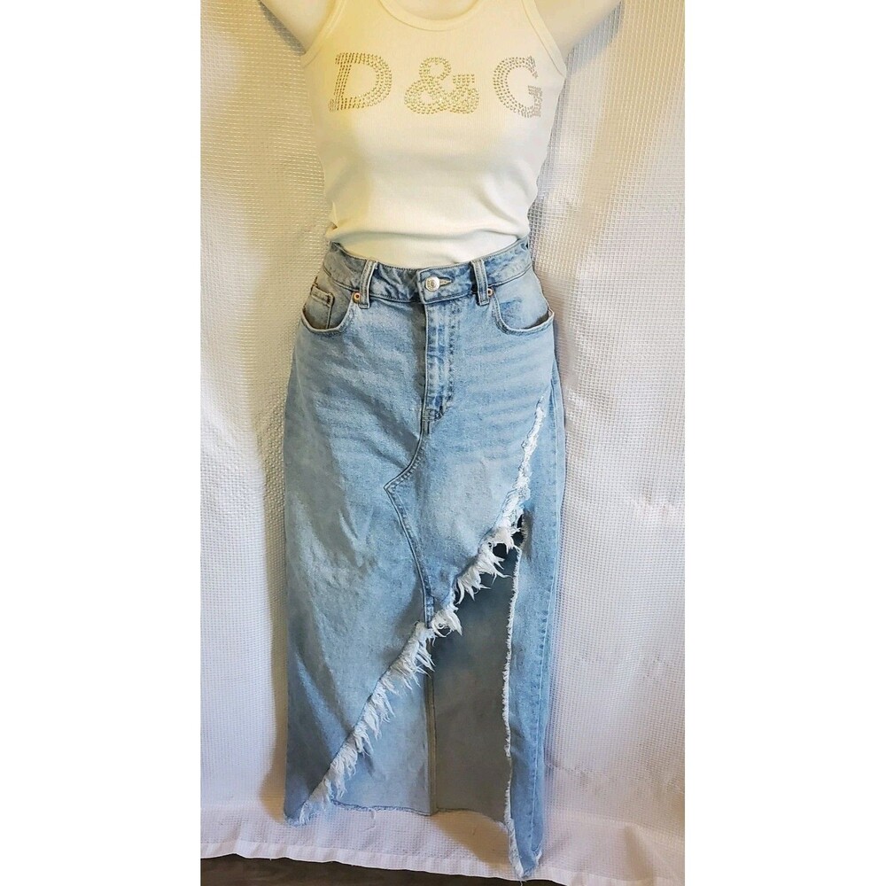 FOREVER 21 Denim Asymmetrical Maxi Skirt Lightwash Fringe Womens Large Cowgirl